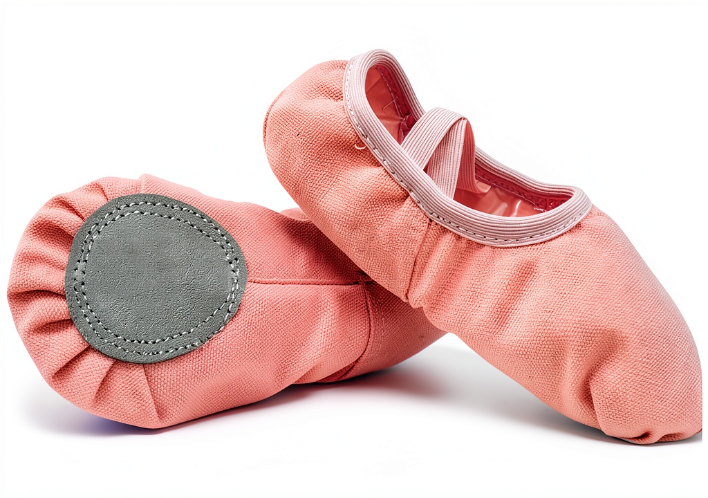 Girls wearing pink canvas ballet shoes in a dance studio